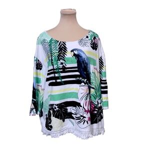 Onque Casual Women Tropical‎ Parrot Sequin Fringe Top White Plus 2X Coastal
